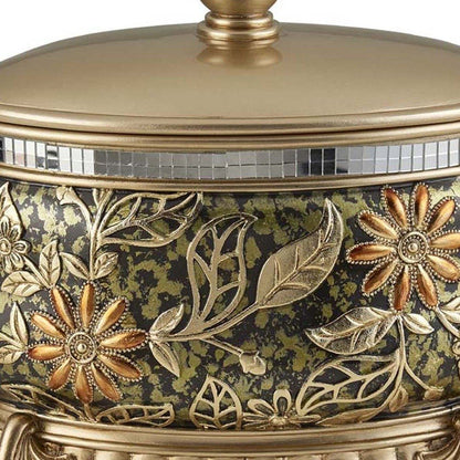 10" Gold Green And Silver Resin Floral Scroll Jewelry Box With Metal Accents HomeRoots