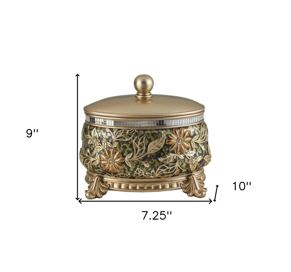 10" Gold Green And Silver Resin Floral Scroll Jewelry Box With Metal Accents HomeRoots