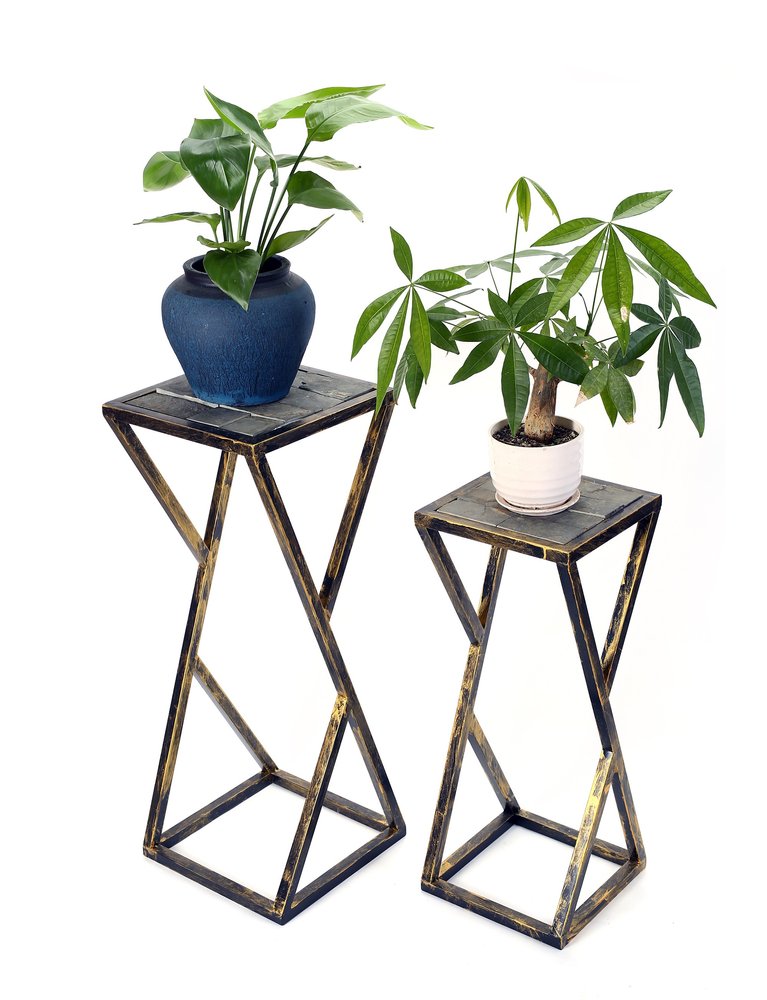 Set of Two Black And Gold Metal Garden Accents Accessories HomeRoots