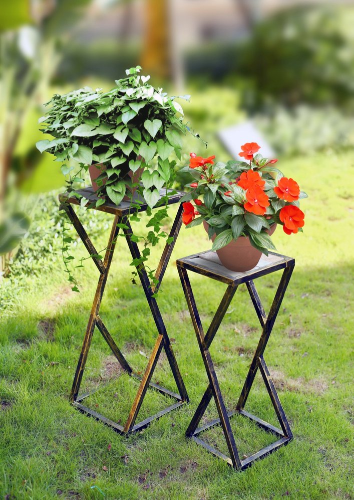 Set of Two Black And Gold Metal Garden Accents Accessories HomeRoots