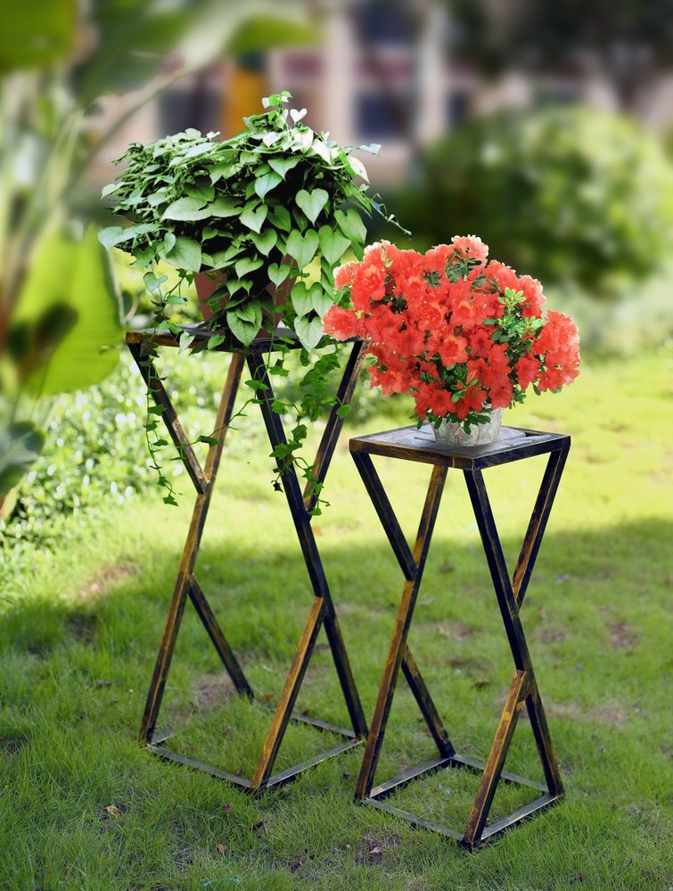 Set of Two Black And Gold Metal Garden Accents Accessories HomeRoots