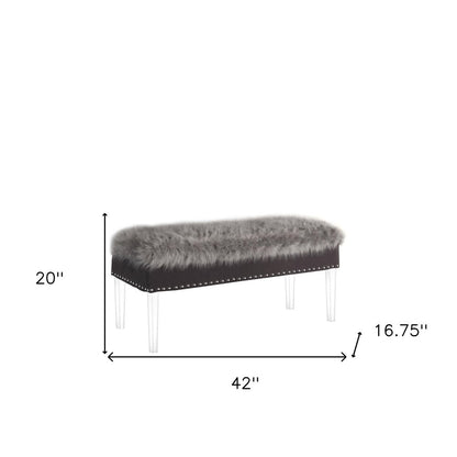 42" Gray and Clear Faux Fur Upholstered Storage Bench with Flip Top HomeRoots