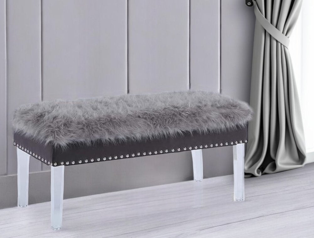42" Gray and Clear Faux Fur Upholstered Storage Bench with Flip Top HomeRoots
