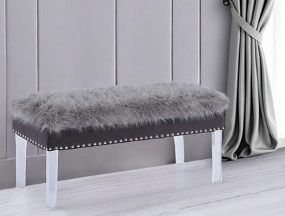 42" Gray and Clear Faux Fur Upholstered Storage Bench with Flip Top HomeRoots
