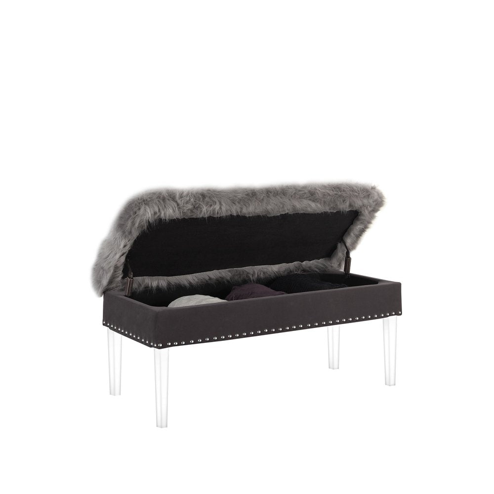 42" Gray and Clear Faux Fur Upholstered Storage Bench with Flip Top HomeRoots