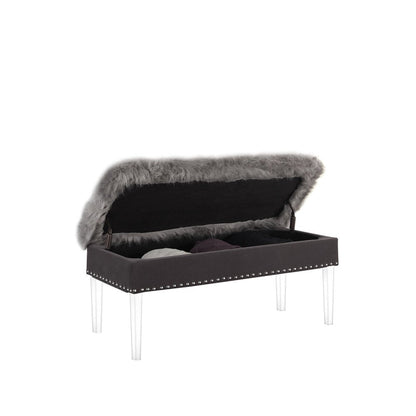 42" Gray and Clear Faux Fur Upholstered Storage Bench with Flip Top HomeRoots