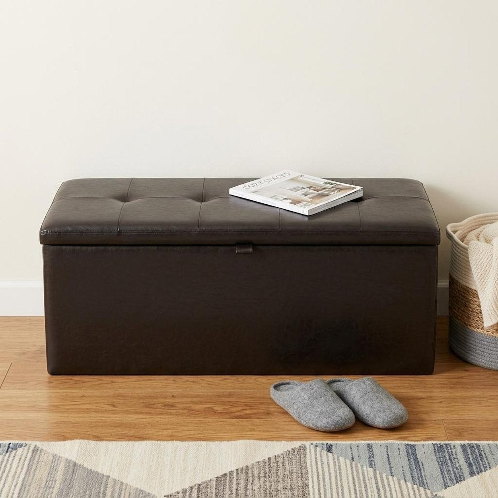 17" Brown Upholstered Faux Leather Bench with Flip top HomeRoots