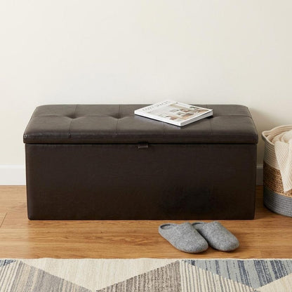17" Brown Upholstered Faux Leather Bench with Flip top HomeRoots