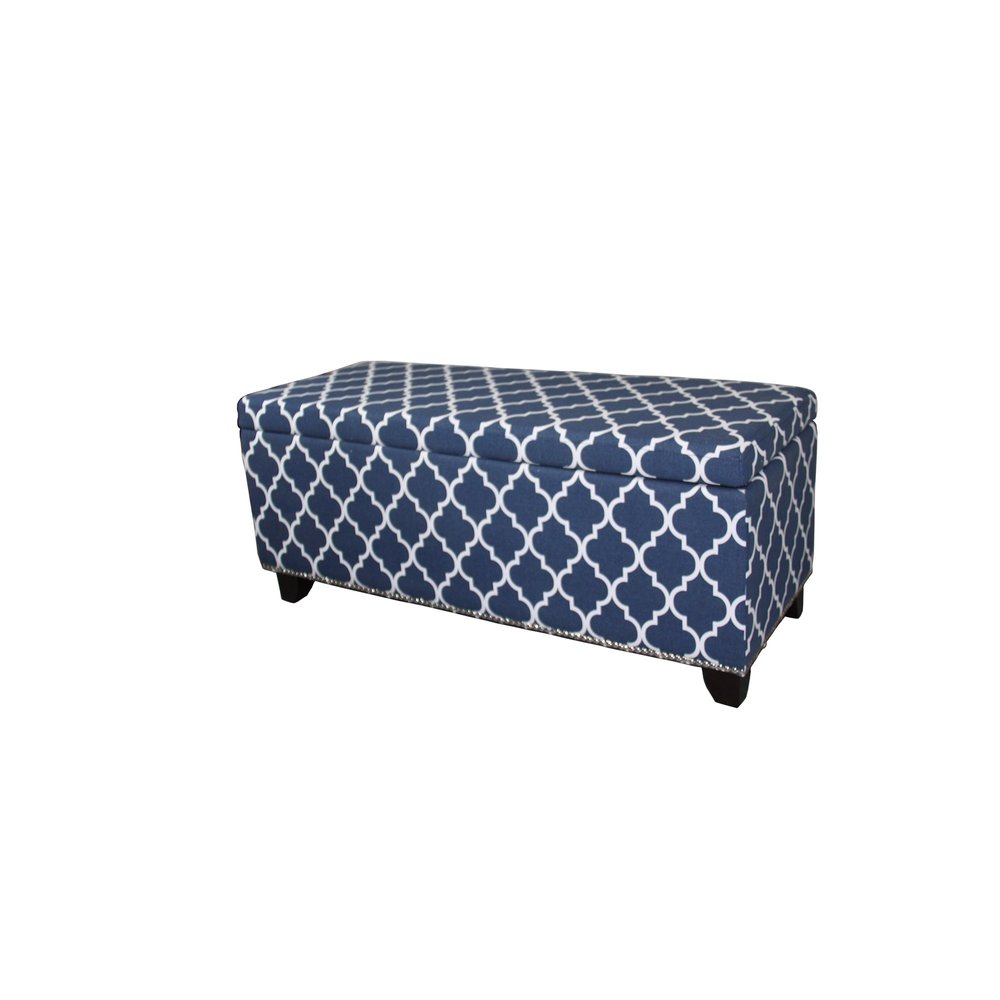 42" Blue and White and Dark Brown Upholstered Polyester Quatrefoil Bench with Flip top HomeRoots