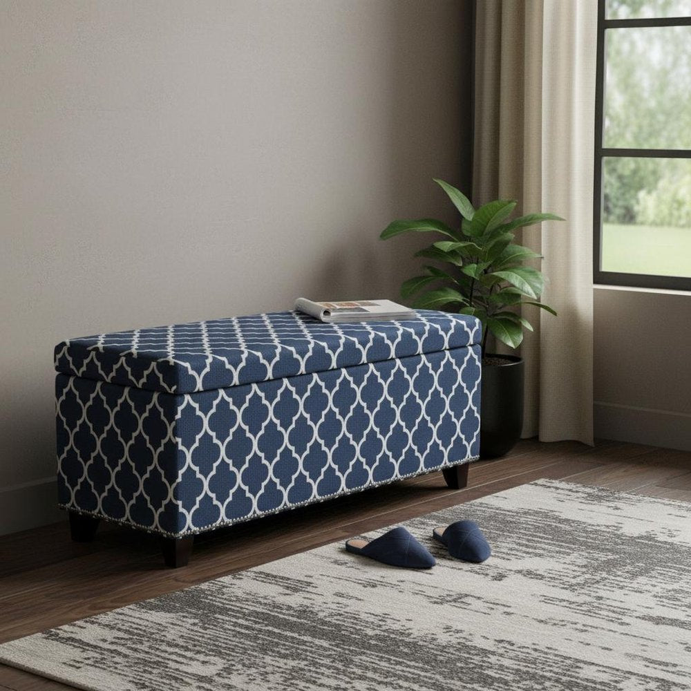 42" Blue and White and Dark Brown Upholstered Polyester Quatrefoil Bench with Flip top HomeRoots