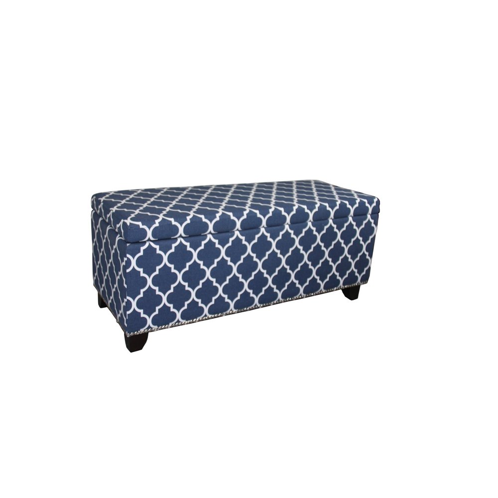 42" Blue and White and Dark Brown Upholstered Polyester Quatrefoil Bench with Flip top HomeRoots