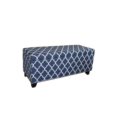 42" Blue and White and Dark Brown Upholstered Polyester Quatrefoil Bench with Flip top HomeRoots