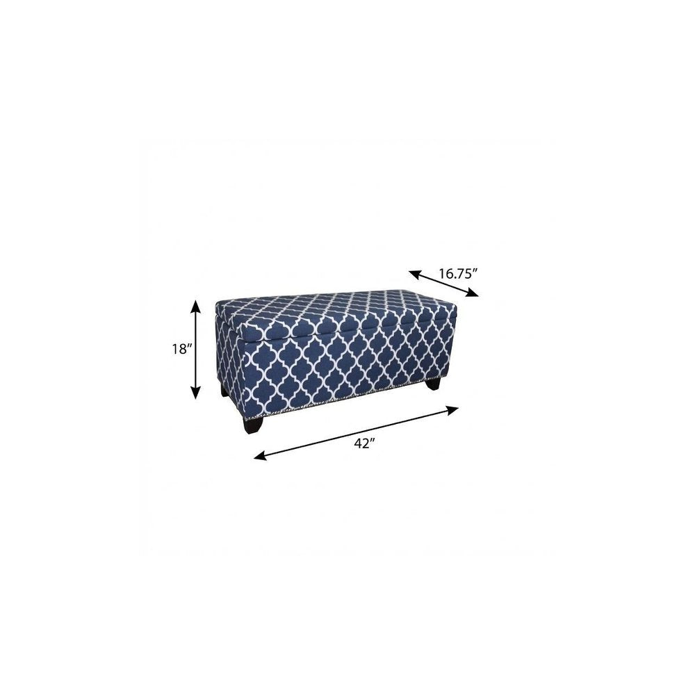 42" Blue and White and Dark Brown Upholstered Polyester Quatrefoil Bench with Flip top HomeRoots