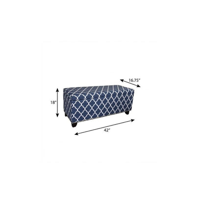 42" Blue and White and Dark Brown Upholstered Polyester Quatrefoil Bench with Flip top HomeRoots