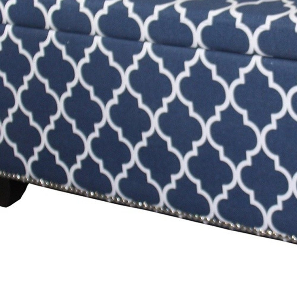 42" Blue and White and Dark Brown Upholstered Polyester Quatrefoil Bench with Flip top HomeRoots