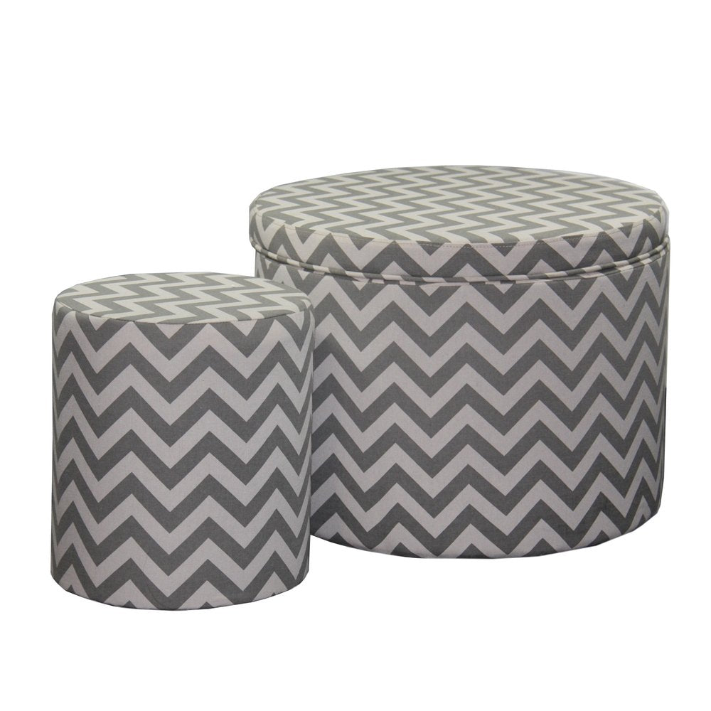 Set of Two Gray and White Polyester Blend Round Geometric Footstool Ottoman HomeRoots