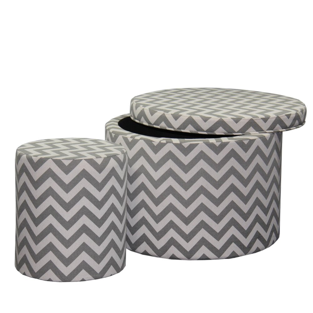 Set of Two Gray and White Polyester Blend Round Geometric Footstool Ottoman HomeRoots