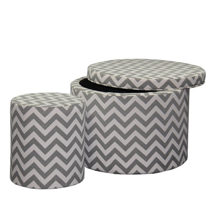 Set of Two Gray and White Polyester Blend Round Geometric Footstool Ottoman HomeRoots