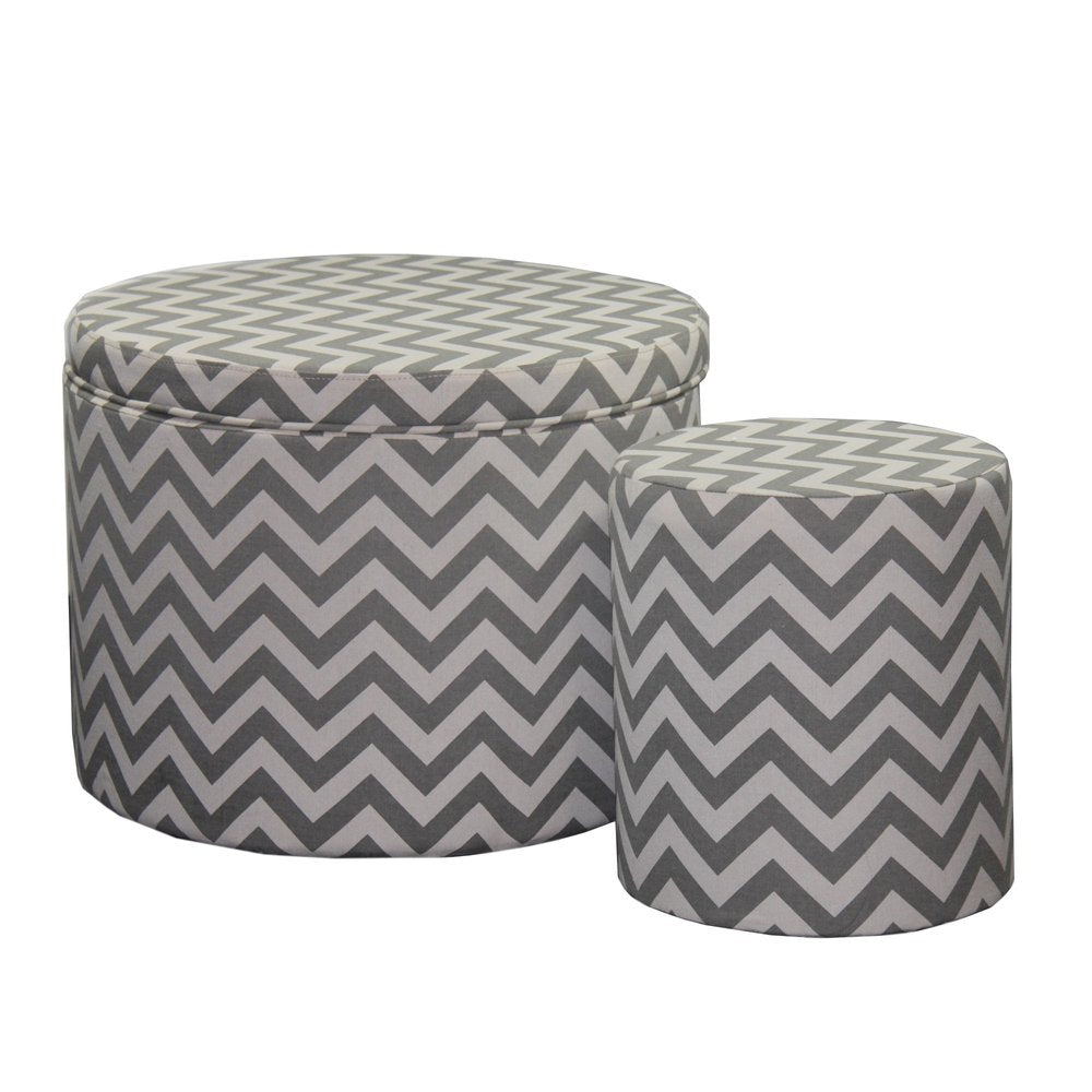 Set of Two Gray and White Polyester Blend Round Geometric Footstool Ottoman HomeRoots
