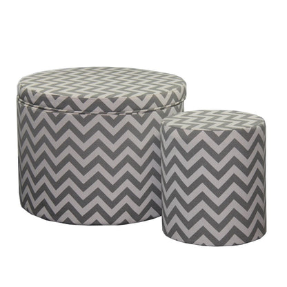 Set of Two Gray and White Polyester Blend Round Geometric Footstool Ottoman HomeRoots