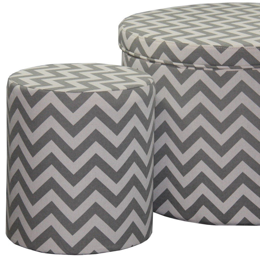 Set of Two Gray and White Polyester Blend Round Geometric Footstool Ottoman HomeRoots