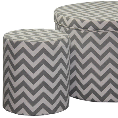 Set of Two Gray and White Polyester Blend Round Geometric Footstool Ottoman HomeRoots