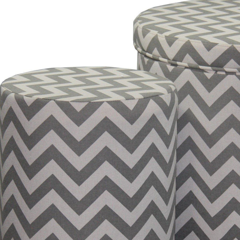 Set of Two Gray and White Polyester Blend Round Geometric Footstool Ottoman HomeRoots