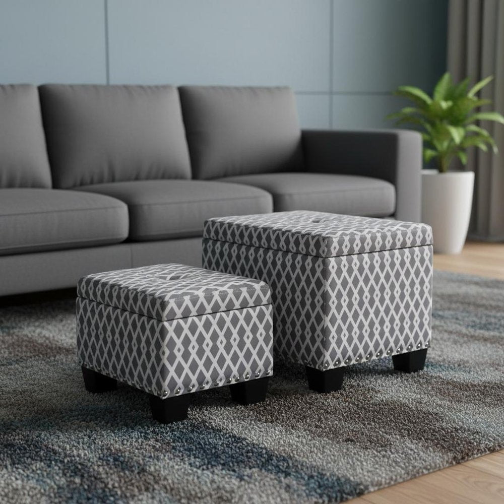 17" Gray White Black Gray and White Fabric Tufted Storage Ottoman HomeRoots