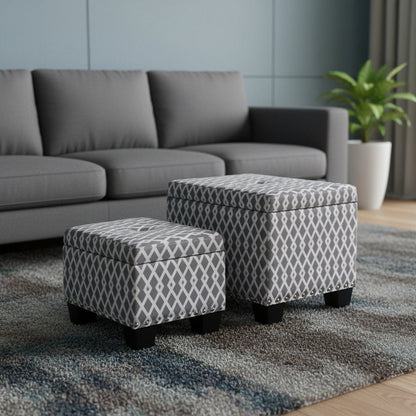 17" Gray White Black Gray and White Fabric Tufted Storage Ottoman HomeRoots