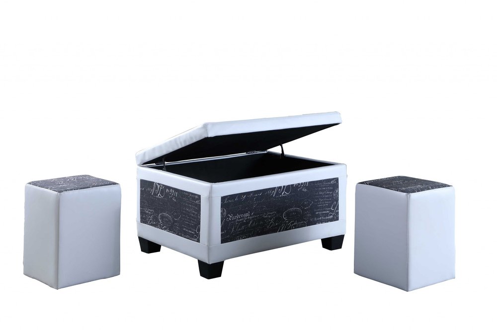 24" White and Black Upholstered Faux Leather Bench with Flip top HomeRoots