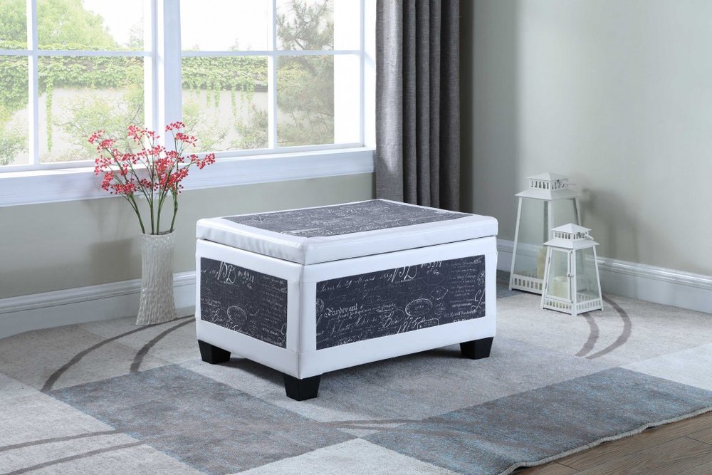 24" White and Black Upholstered Faux Leather Bench with Flip top HomeRoots