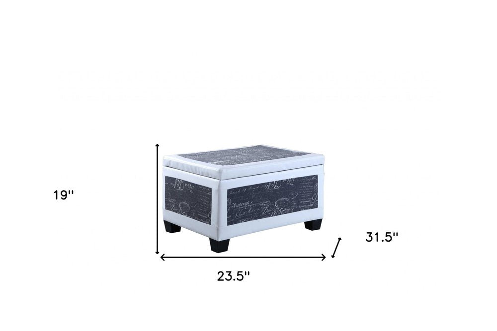 24" White and Black Upholstered Faux Leather Bench with Flip top HomeRoots