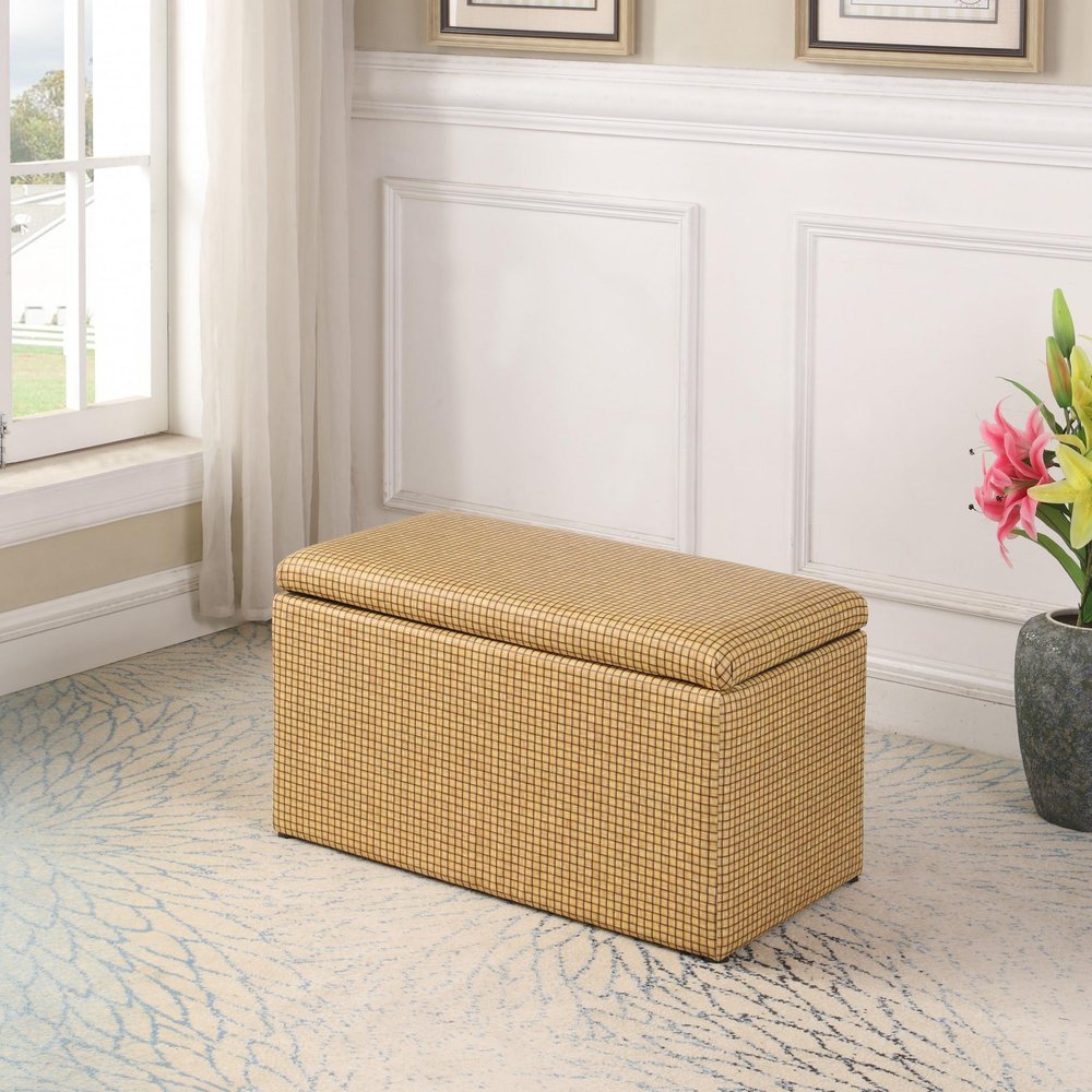 17" Yellow and Brown Upholstered Faux Leather Bench with Flip top HomeRoots