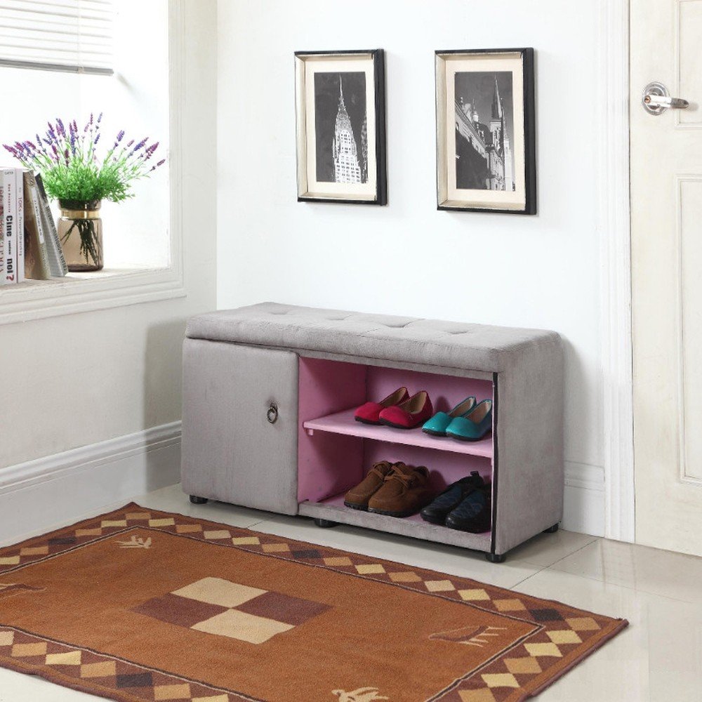 Light Gray and Pink Tufted Shoe Storage Bench HomeRoots