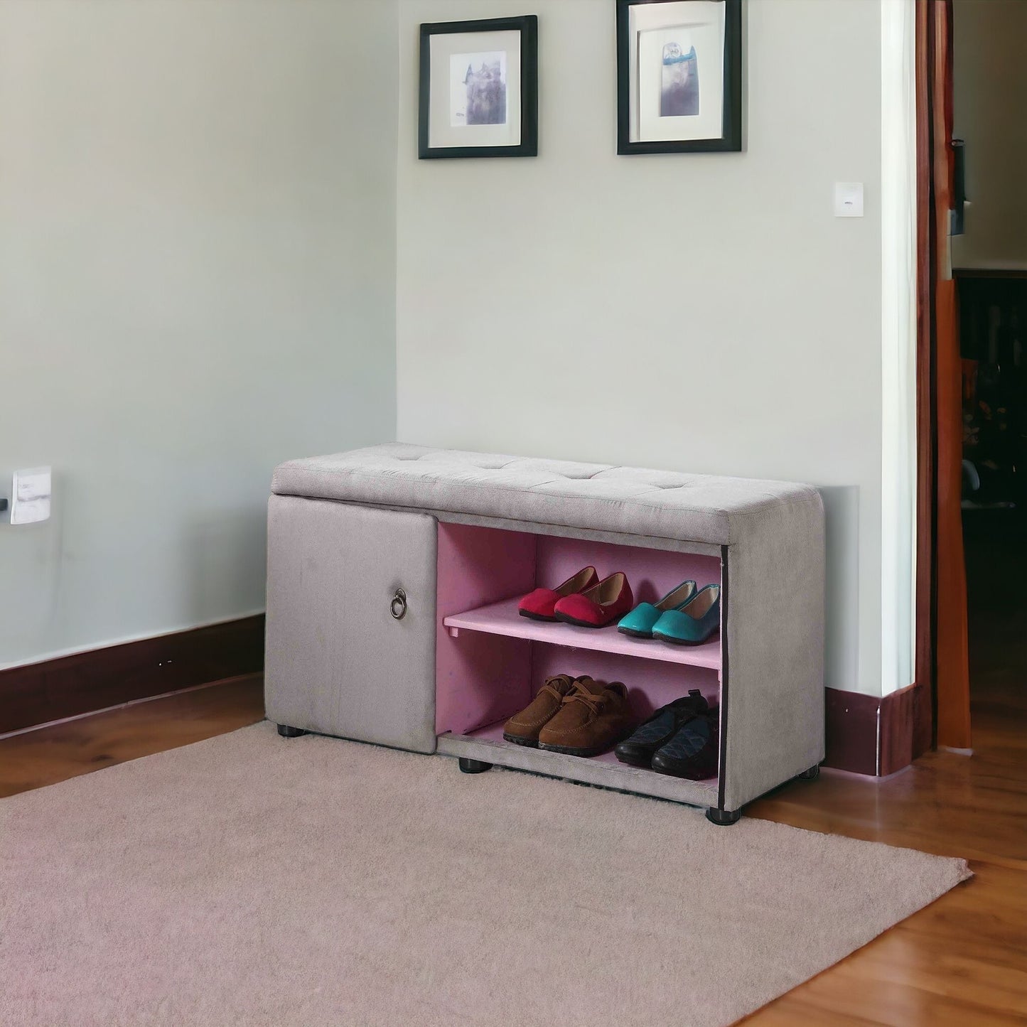 Light Gray and Pink Tufted Shoe Storage Bench