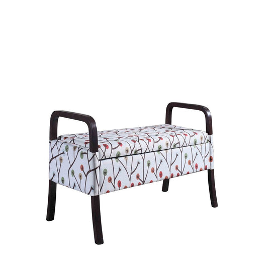 17" Red White And Espresso Floral Fabric And Solid Wood Upholstered Storage Entryway Stool With Flip Top