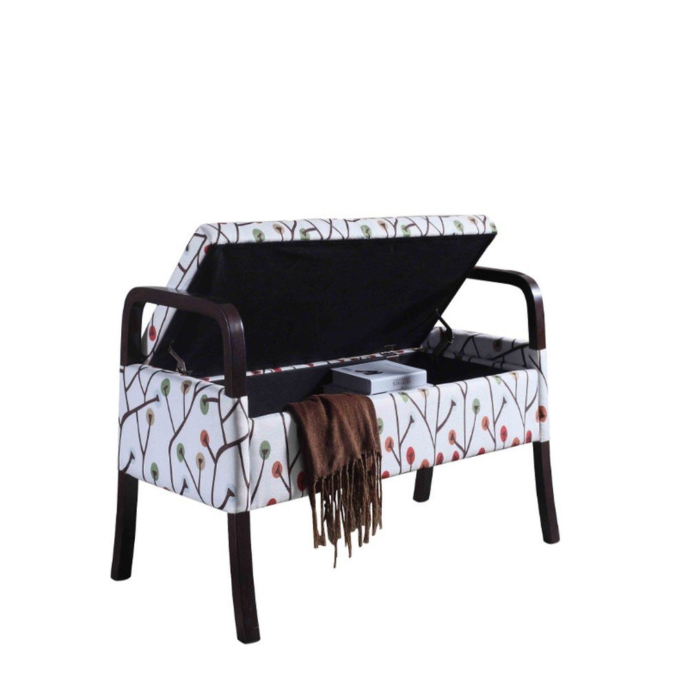 17" Red White And Espresso Floral Fabric And Solid Wood Upholstered Storage Entryway Stool With Flip Top — view 2