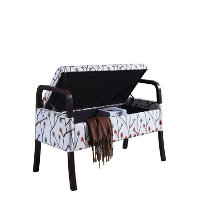 17" Red White And Espresso Floral Fabric And Solid Wood Upholstered Storage Entryway Stool With Flip Top HomeRoots