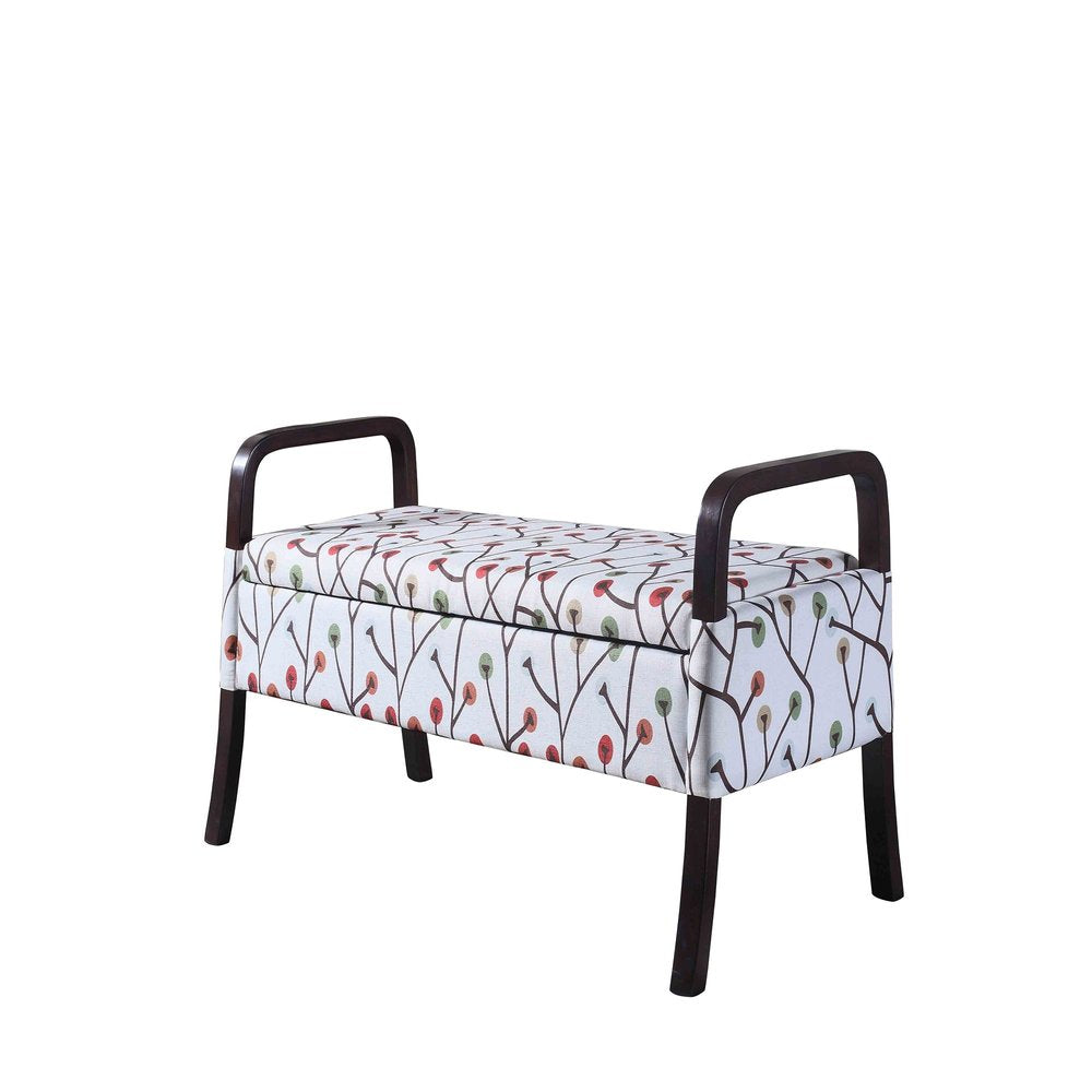 17" Red White And Espresso Floral Fabric And Solid Wood Upholstered Storage Entryway Stool With Flip Top HomeRoots