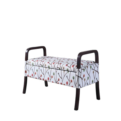 17" Red White And Espresso Floral Fabric And Solid Wood Upholstered Storage Entryway Stool With Flip Top HomeRoots