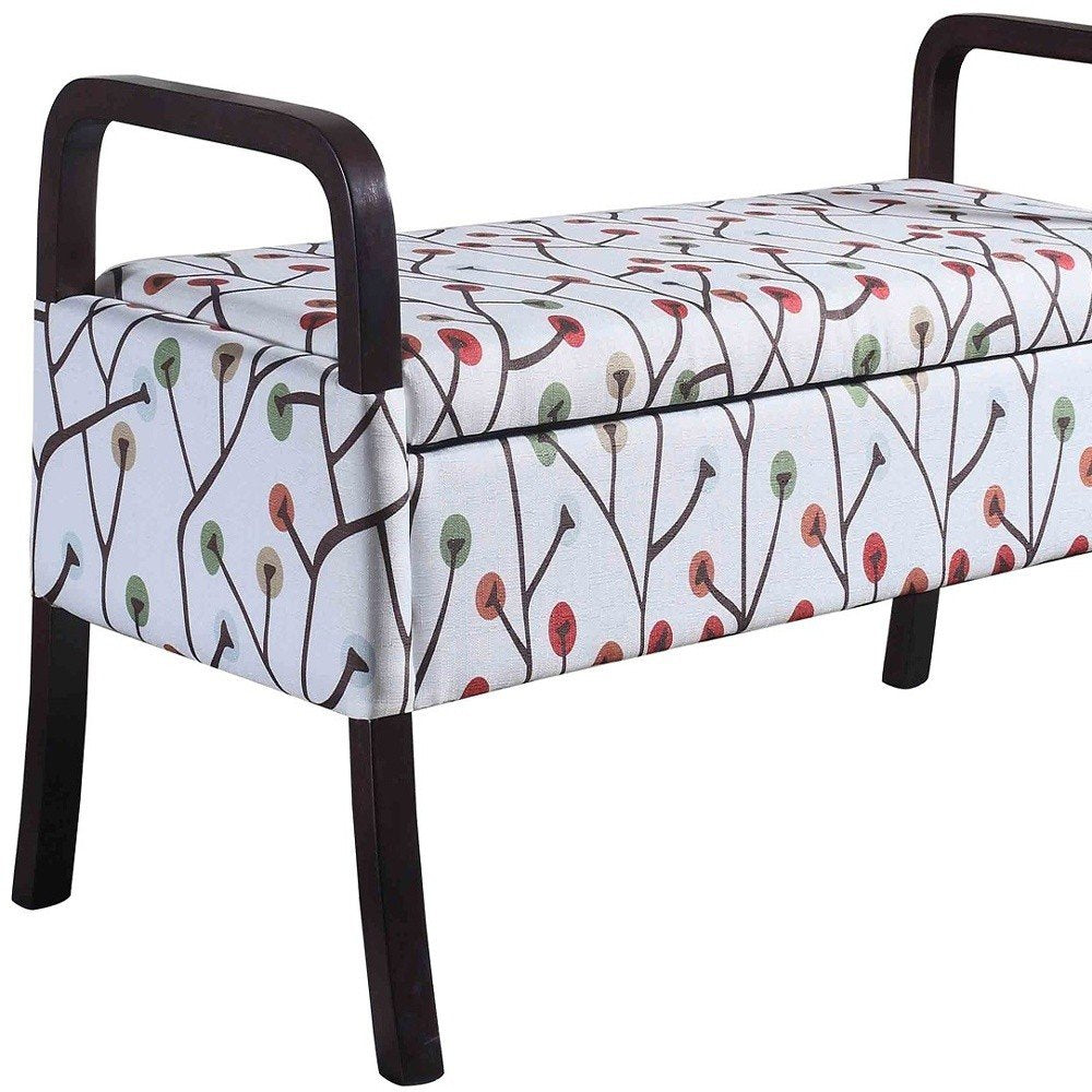 17" Red White And Espresso Floral Fabric And Solid Wood Upholstered Storage Entryway Stool With Flip Top — view 4