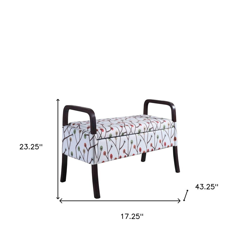 17" Red White And Espresso Floral Fabric And Solid Wood Upholstered Storage Entryway Stool With Flip Top HomeRoots