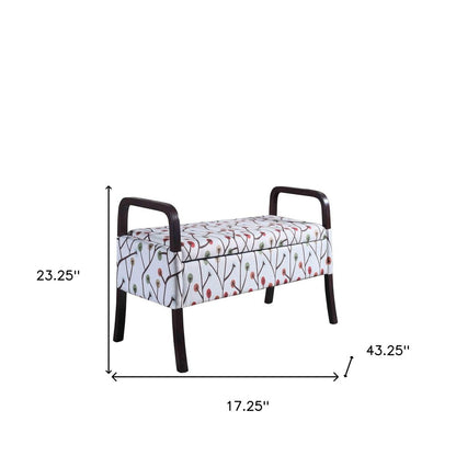 17" Red White And Espresso Floral Fabric And Solid Wood Upholstered Storage Entryway Stool With Flip Top HomeRoots