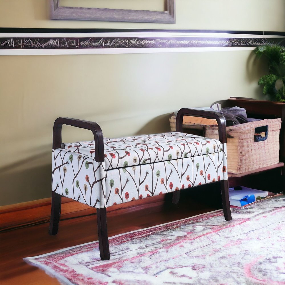 17" Dark Brown And Blue Upholstered 100% Polyester Floral Entryway Bench With Flip Top HomeRoots