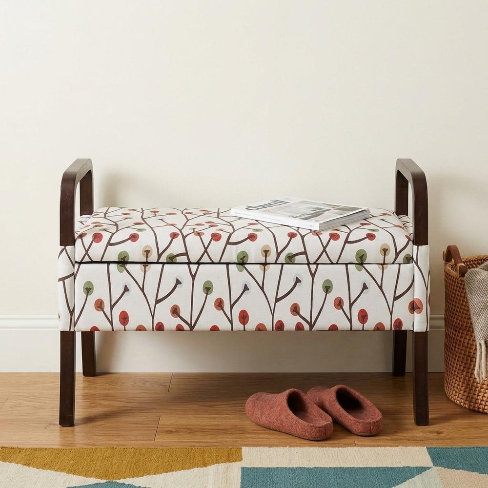 17" Dark Brown And Blue Upholstered 100% Polyester Floral Entryway Bench With Flip Top HomeRoots