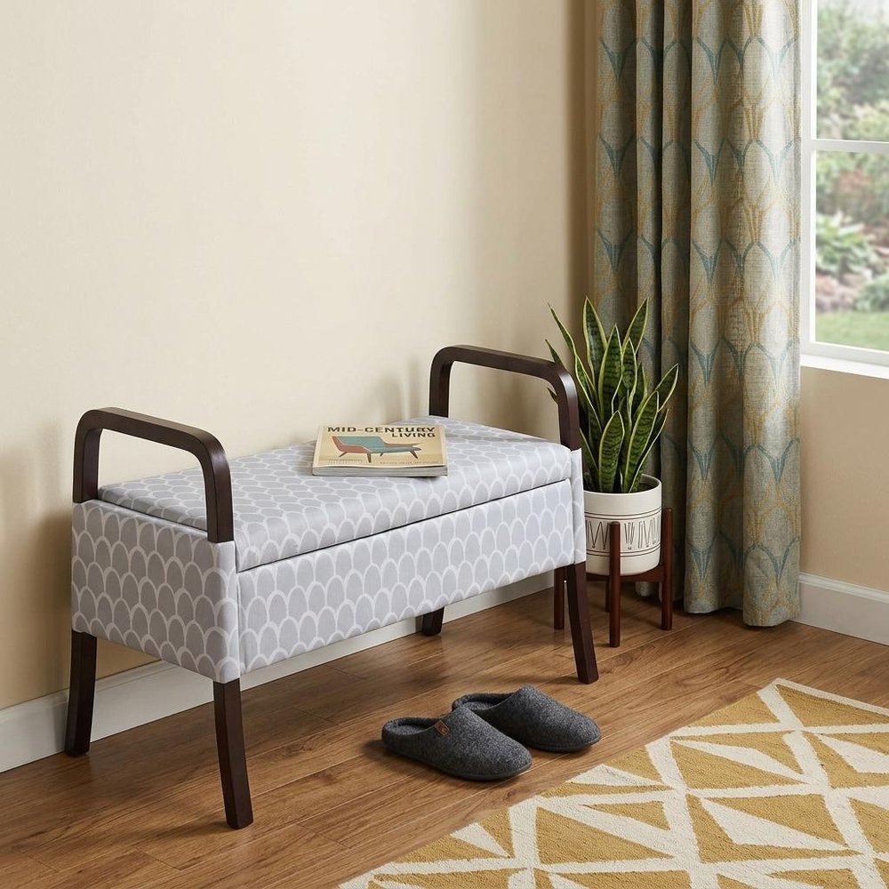17" Black And Gray Upholstered 100% Polyester Trellis Entryway Bench With Flip Top HomeRoots