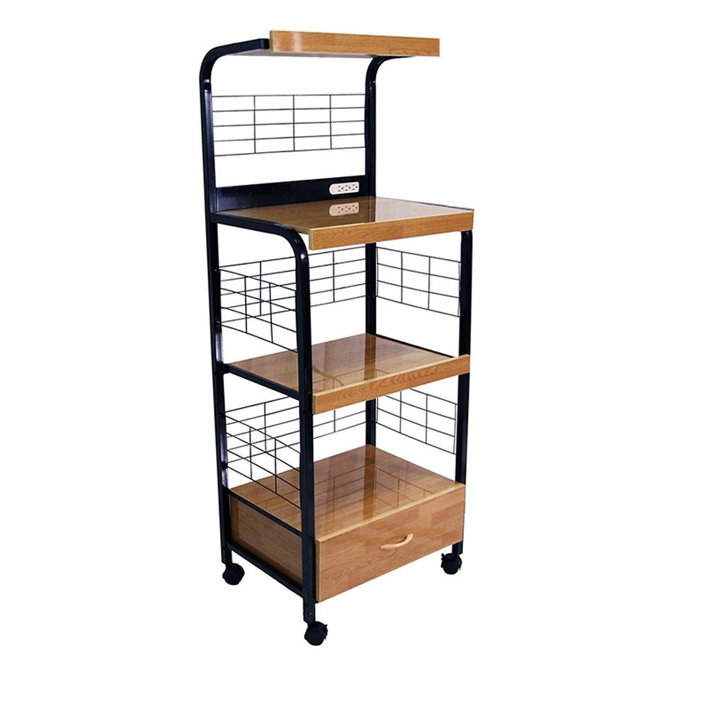 Black and Natural 26" Rolling Kitchen Cart With Storage HomeRoots