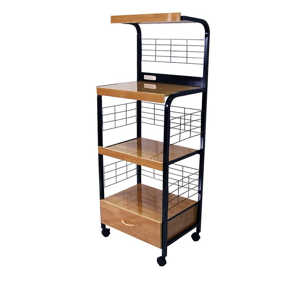 Black and Natural 26" Rolling Kitchen Cart With Storage HomeRoots