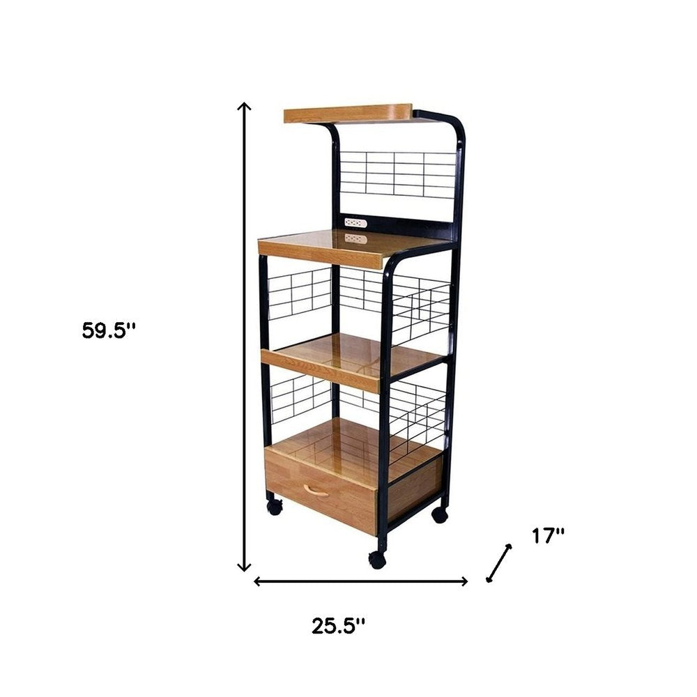 Black and Natural 26" Rolling Kitchen Cart With Storage HomeRoots