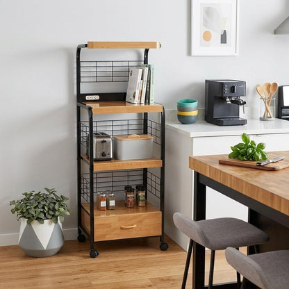 Black and Natural 26" Rolling Kitchen Cart With Storage HomeRoots